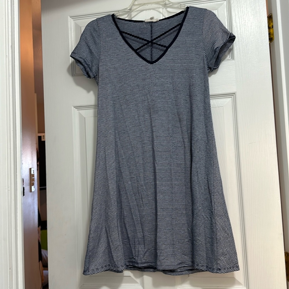 Blue and white striped cotton dress